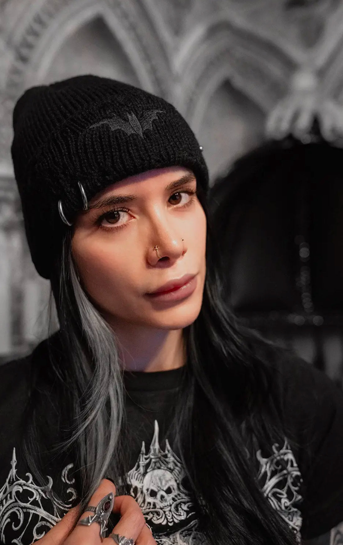Distressed Pierced Black Bat Beanie