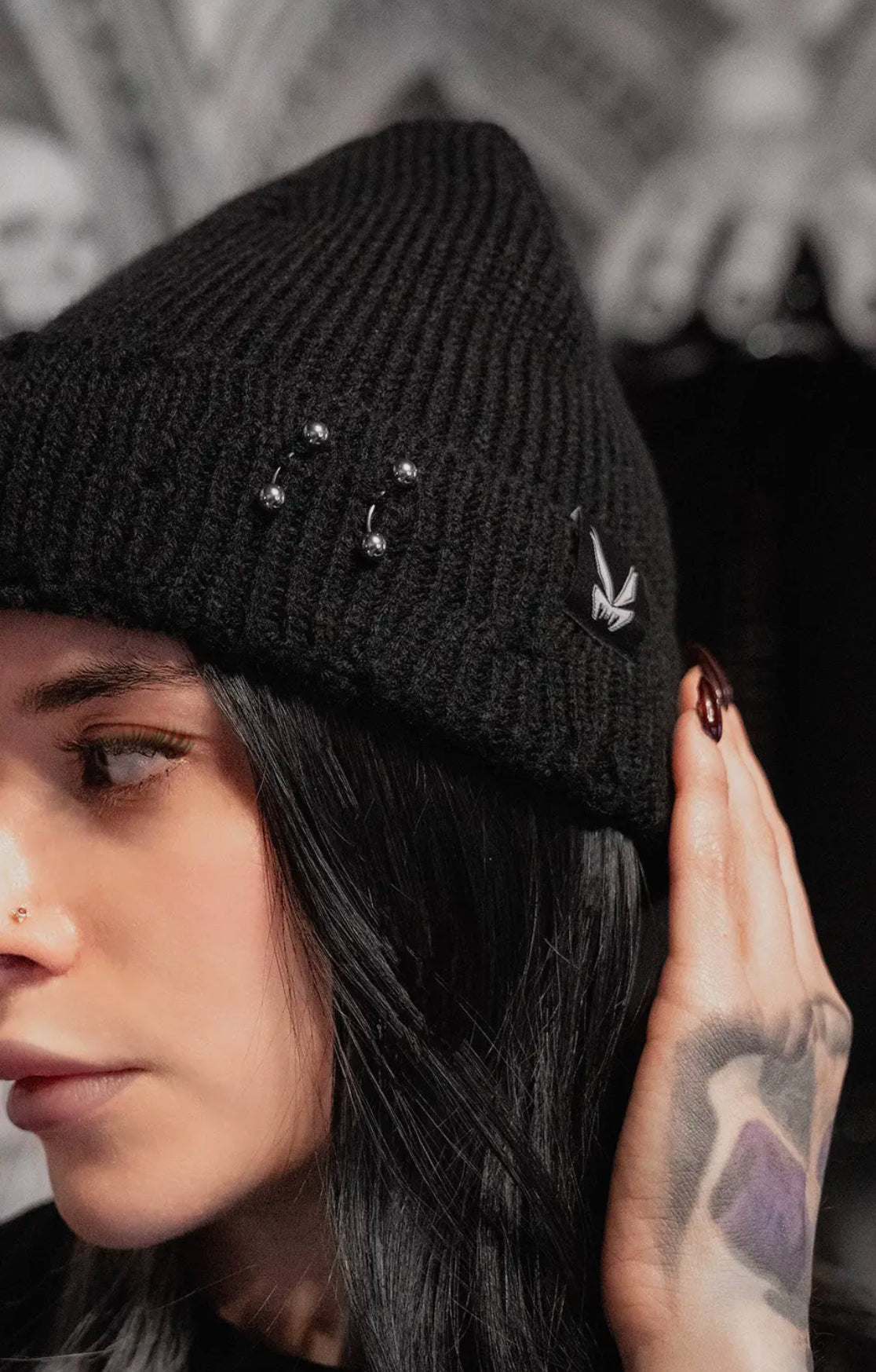 Distressed Pierced Black Bat Beanie