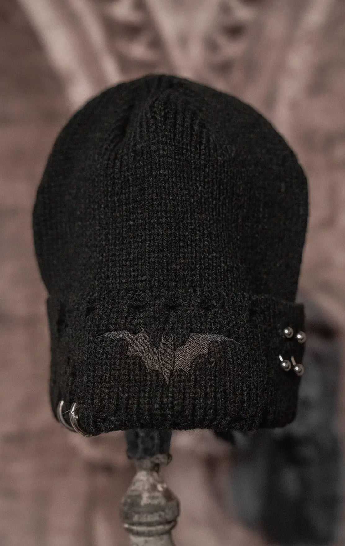 Distressed Pierced Black Bat Beanie
