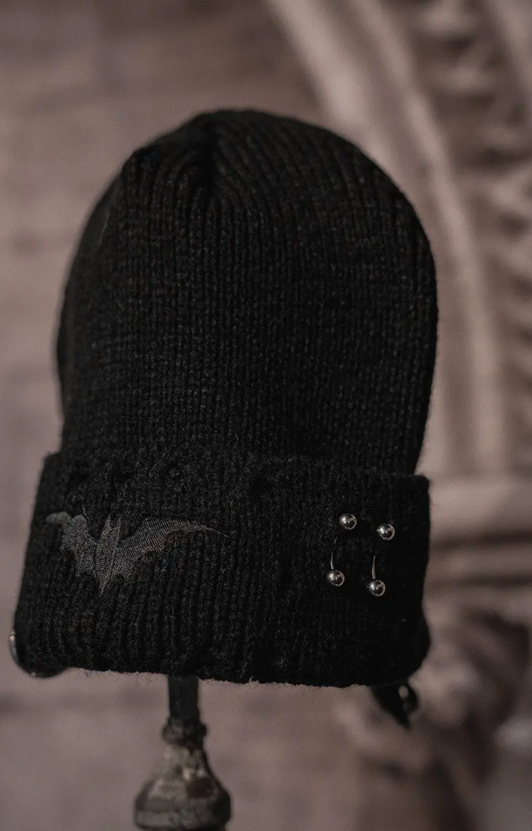 Distressed Pierced Black Bat Beanie