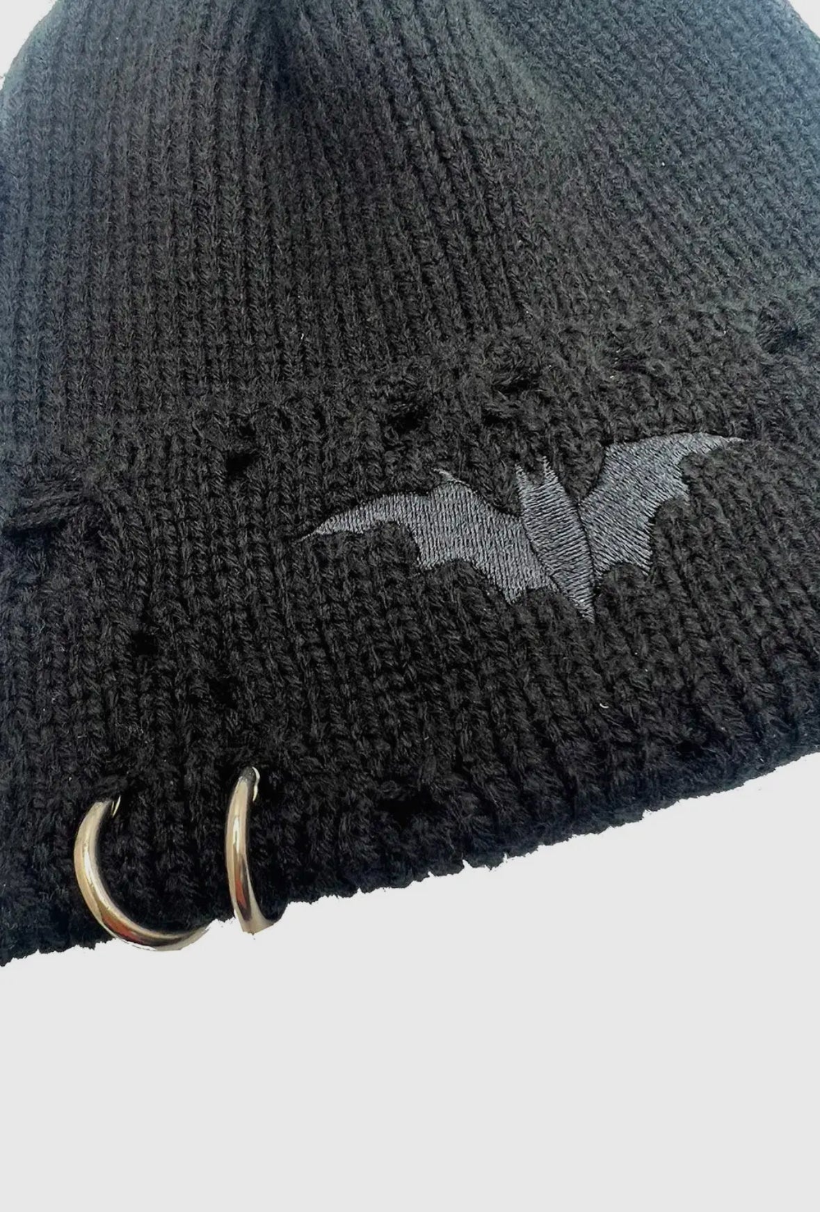 Distressed Pierced Black Bat Beanie