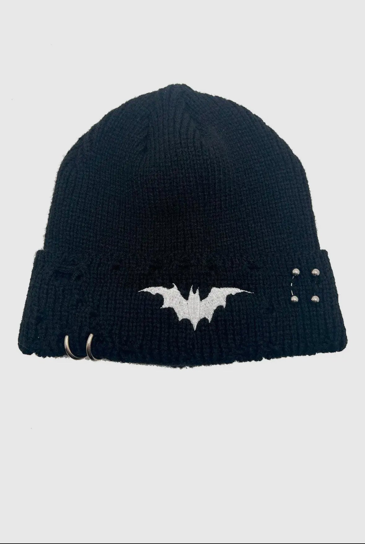 Distressed Pierced White Bat Beanie