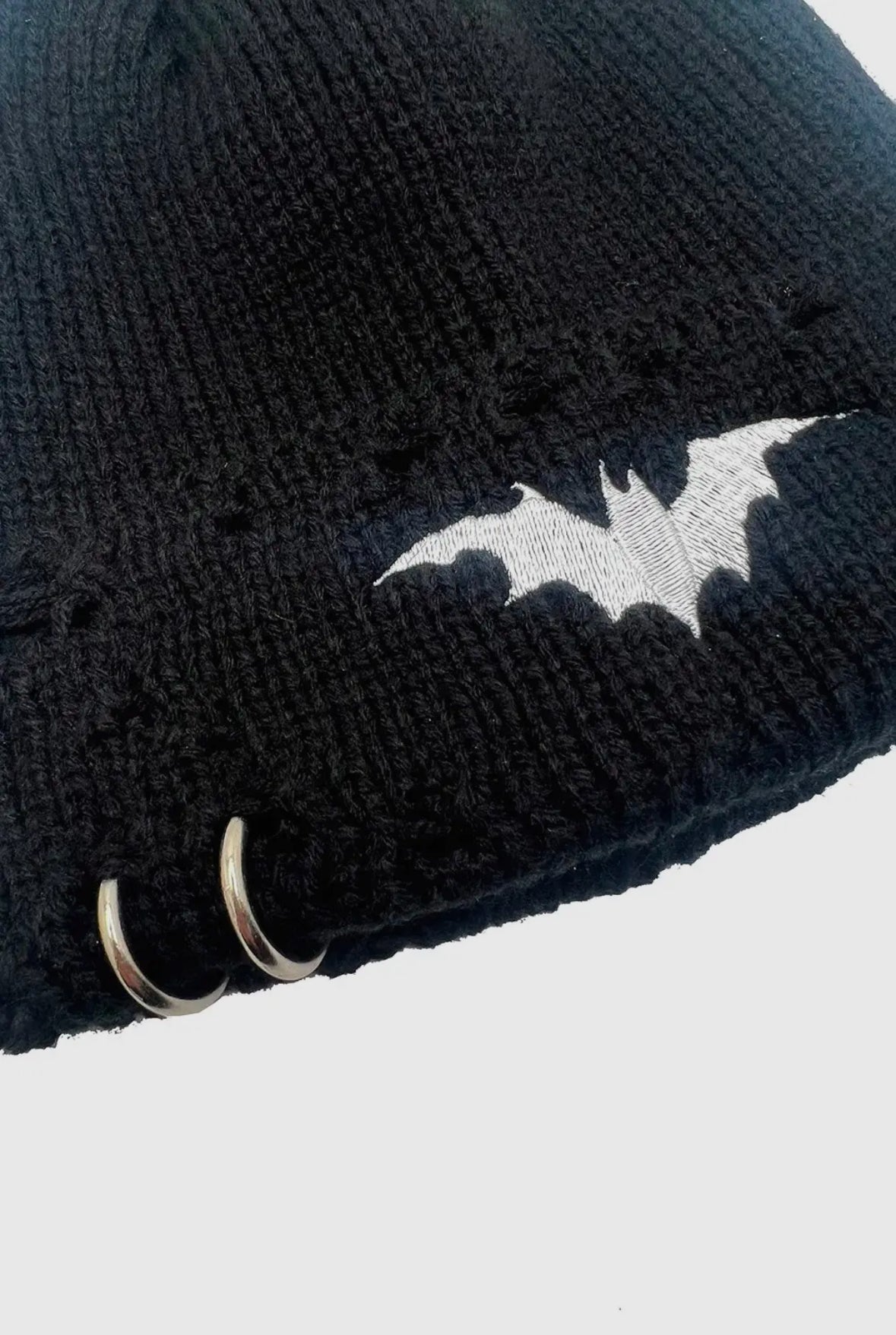 Distressed Pierced White Bat Beanie