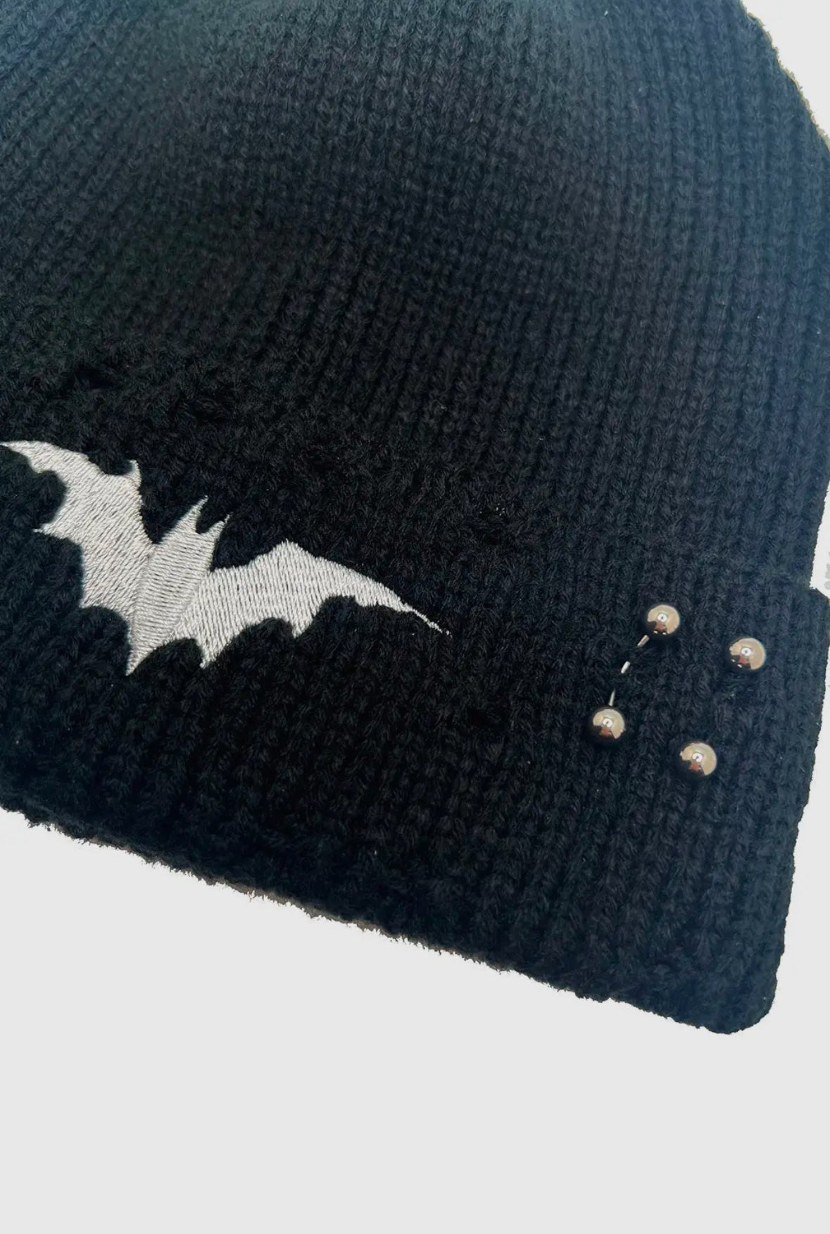 Distressed Pierced White Bat Beanie