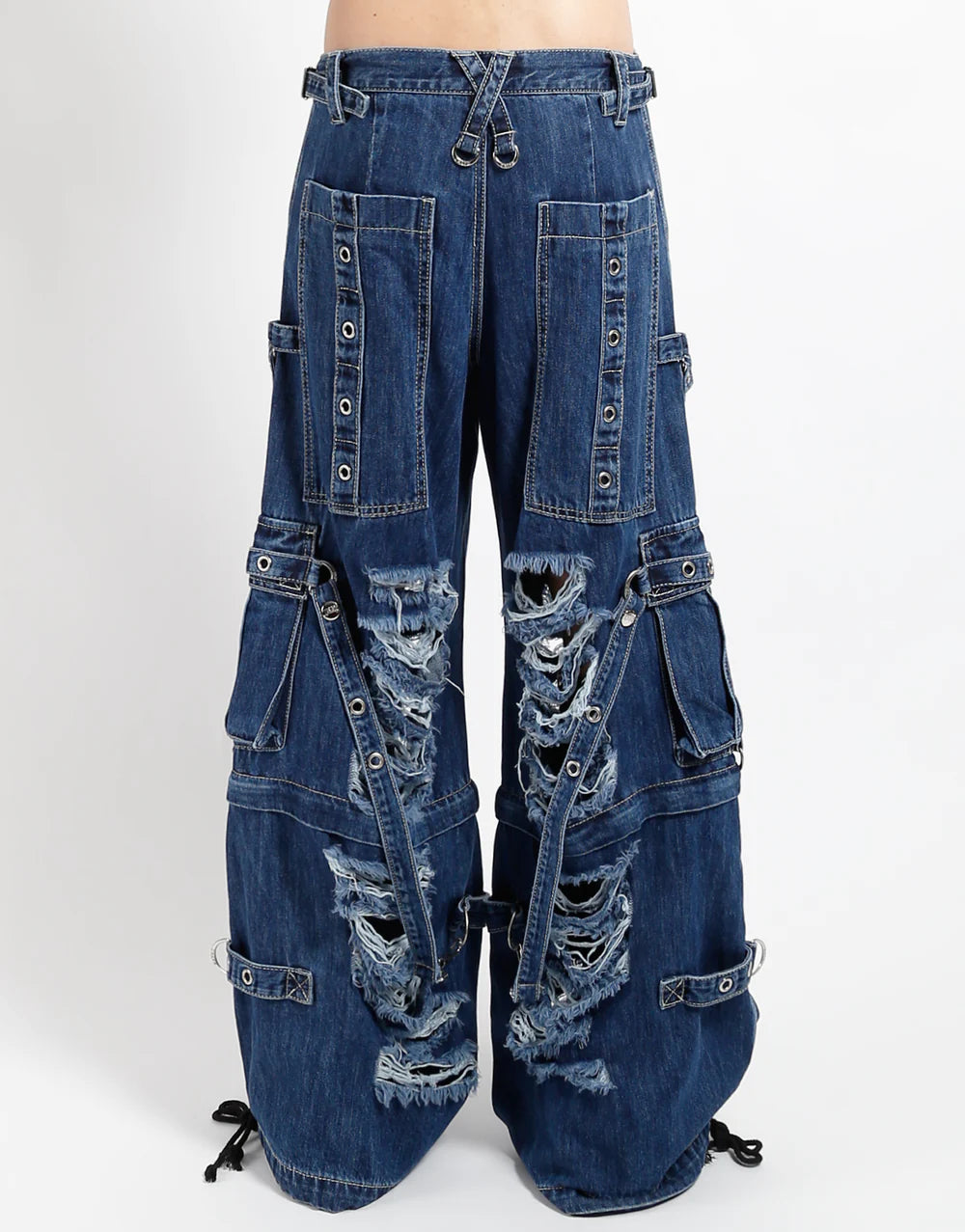 Denim Strap Shredded Pant Blue