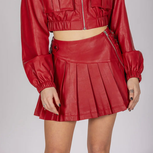 red vegan leather skirt