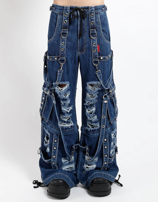 Denim Strap Shredded Pant Blue